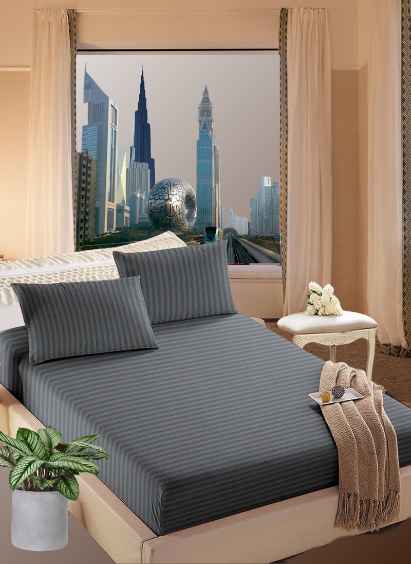 Cloudy Grey Queen Size Striped Bed Sheet Set Cotton 180x200+35cm
