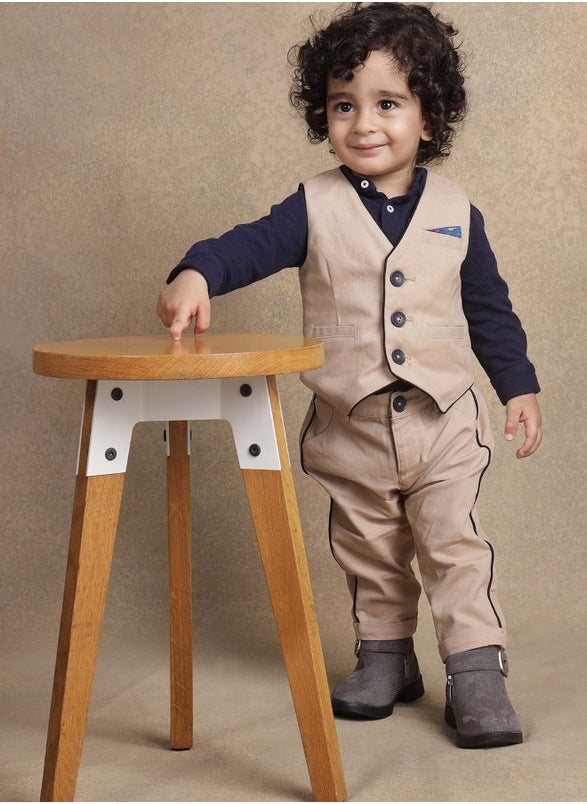 One Friday Boys Beige Solid Waistcoat T-Shirt With Trouser