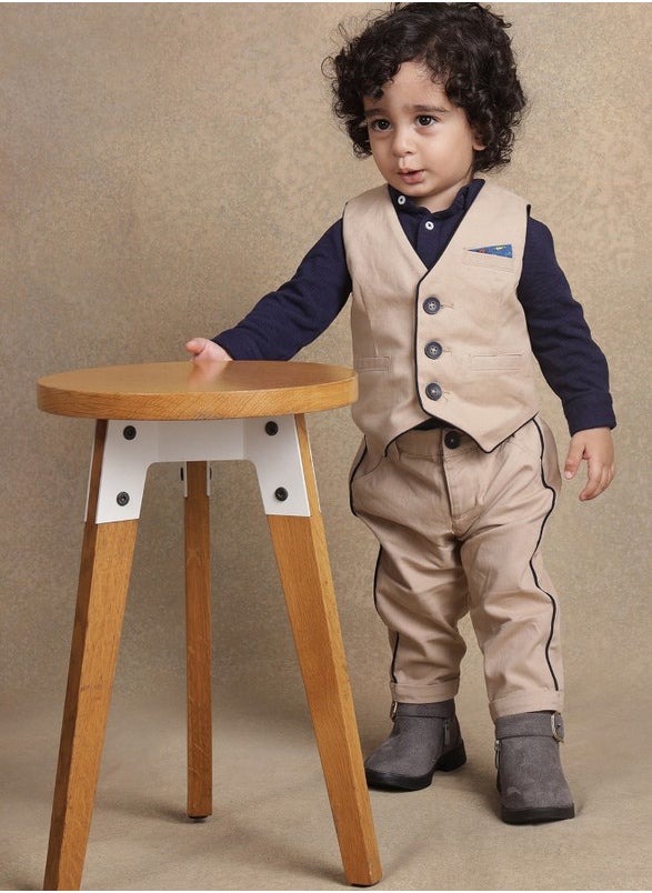 One Friday Boys Beige Solid Waistcoat T-Shirt With Trouser