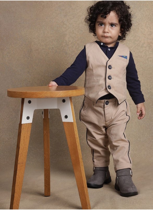 One Friday Boys Beige Solid Waistcoat T-Shirt With Trouser