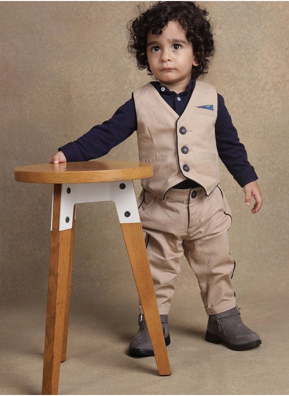 One Friday Boys Beige Solid Waistcoat T-Shirt With Trouser