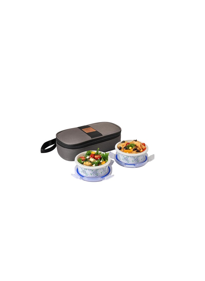CELLO Opalware Mosaic Rose Lunch Box with Jacket | Leak-Proof & Thermal Resistant | Microwave Safe & Dishwasher Safe | 2 Container with Lid 300ml Each | Set of 2