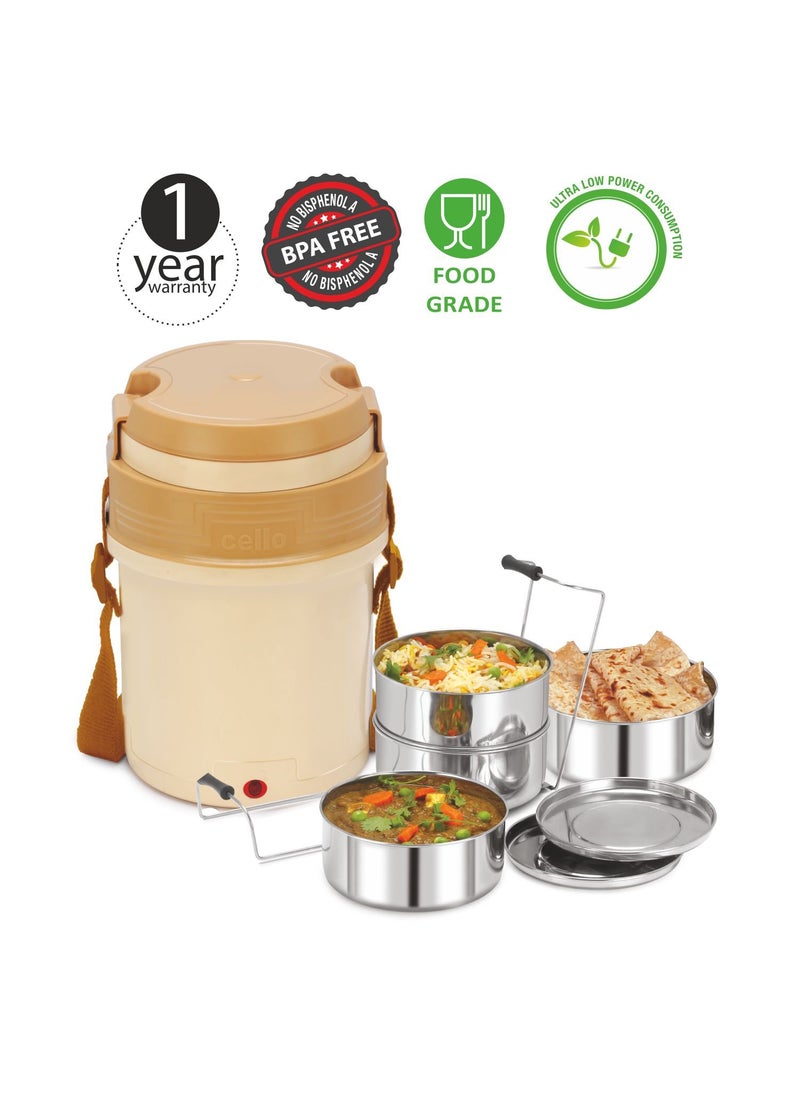 CELLO Newton Plastic Electric Lunch Box with 4 Containers (Beige)
