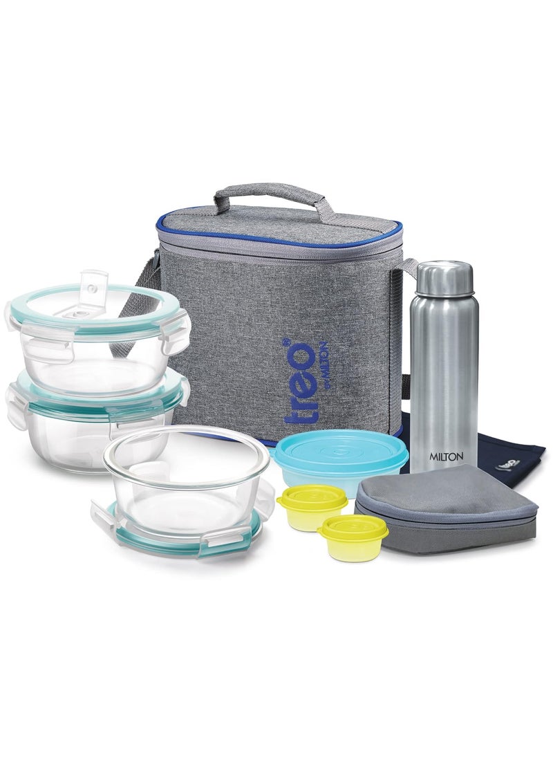 Treo by Milton All Fresh Premier Glass Tiffin with Bag, Set of 8 (3 Containers, 400ml Each; 1 Steel Bottle, 750 ml; 2 - Pickle/Chutney Dabba, 30ml Each; 1 Salad/Papad Dabba, 200ml; 1 Dining Mat)
