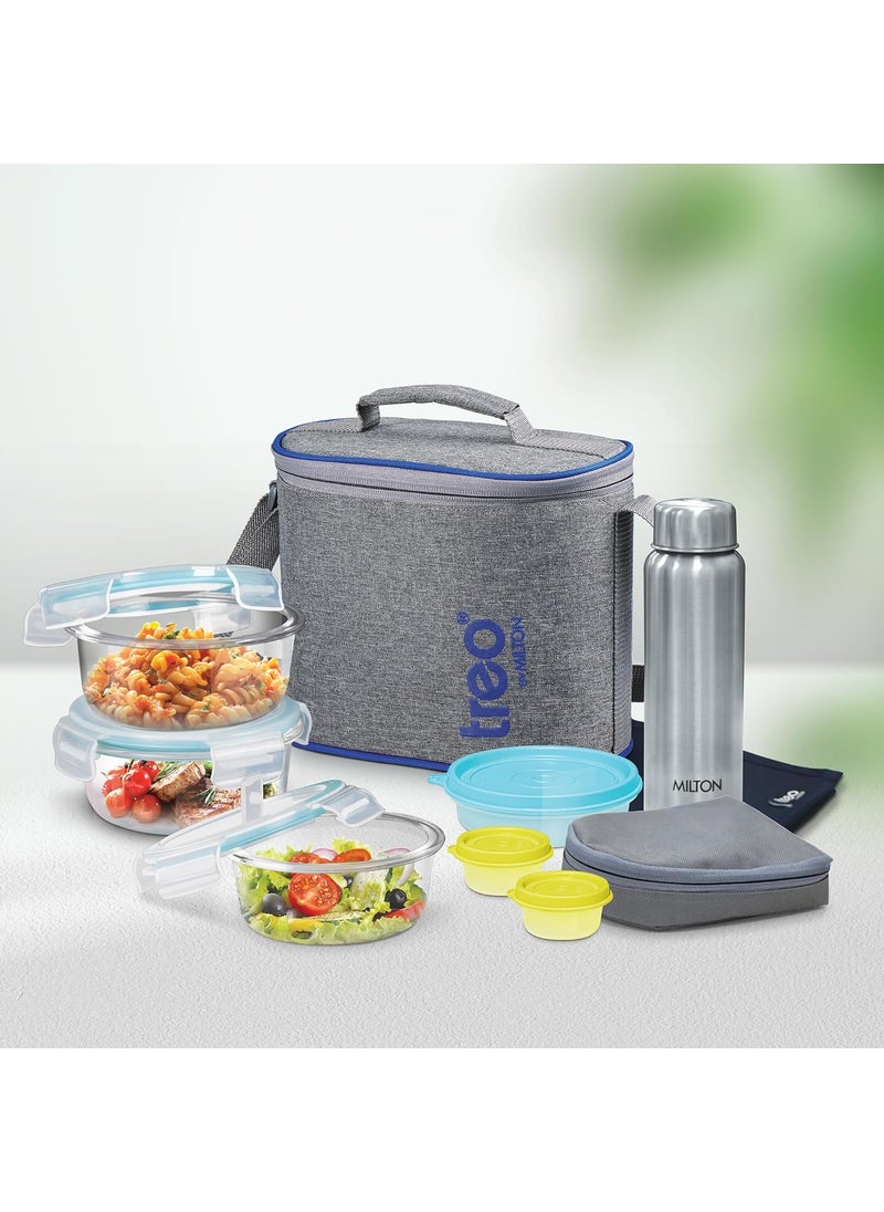 Treo by Milton All Fresh Premier Glass Tiffin with Bag, Set of 8 (3 Containers, 400ml Each; 1 Steel Bottle, 750 ml; 2 - Pickle/Chutney Dabba, 30ml Each; 1 Salad/Papad Dabba, 200ml; 1 Dining Mat)
