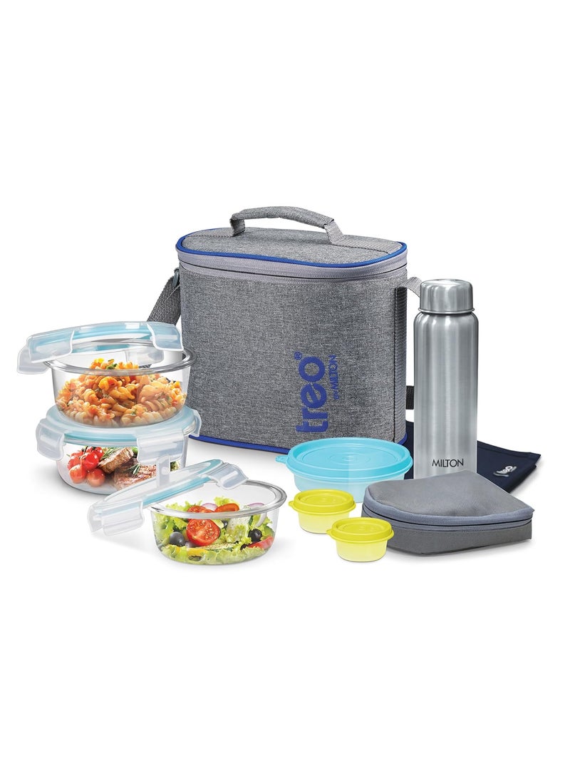 Treo by Milton All Fresh Premier Glass Tiffin with Bag, Set of 8 (3 Containers, 400ml Each; 1 Steel Bottle, 750 ml; 2 - Pickle/Chutney Dabba, 30ml Each; 1 Salad/Papad Dabba, 200ml; 1 Dining Mat)