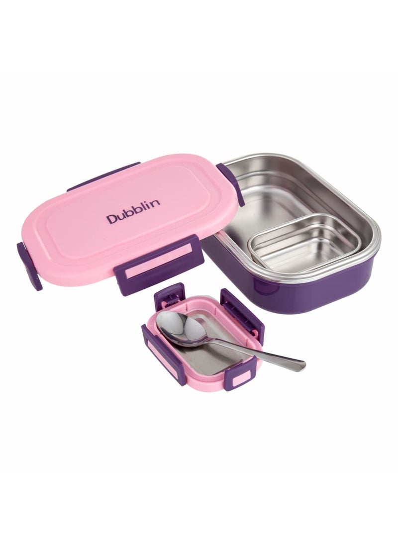 DUBBLIN Candy Stainless Steel Lunch Box Insulated Airtight Spill Proof with Spoon, sabzi Container Inside, 750 ml, Pink