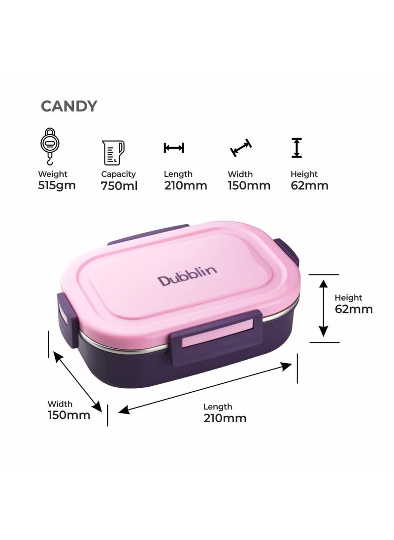 DUBBLIN Candy Stainless Steel Lunch Box Insulated Airtight Spill Proof with Spoon, sabzi Container Inside, 750 ml, Pink