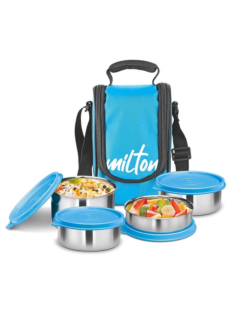 MILTON Tasty 4 Lunch Box with Insulated Fabric Jacket, 4 Stainless Steel Containers (200 ml, 320 X 2 ml, 500 ml), Leak-Proof Tiffin for Office, College, Picnic, Cyan