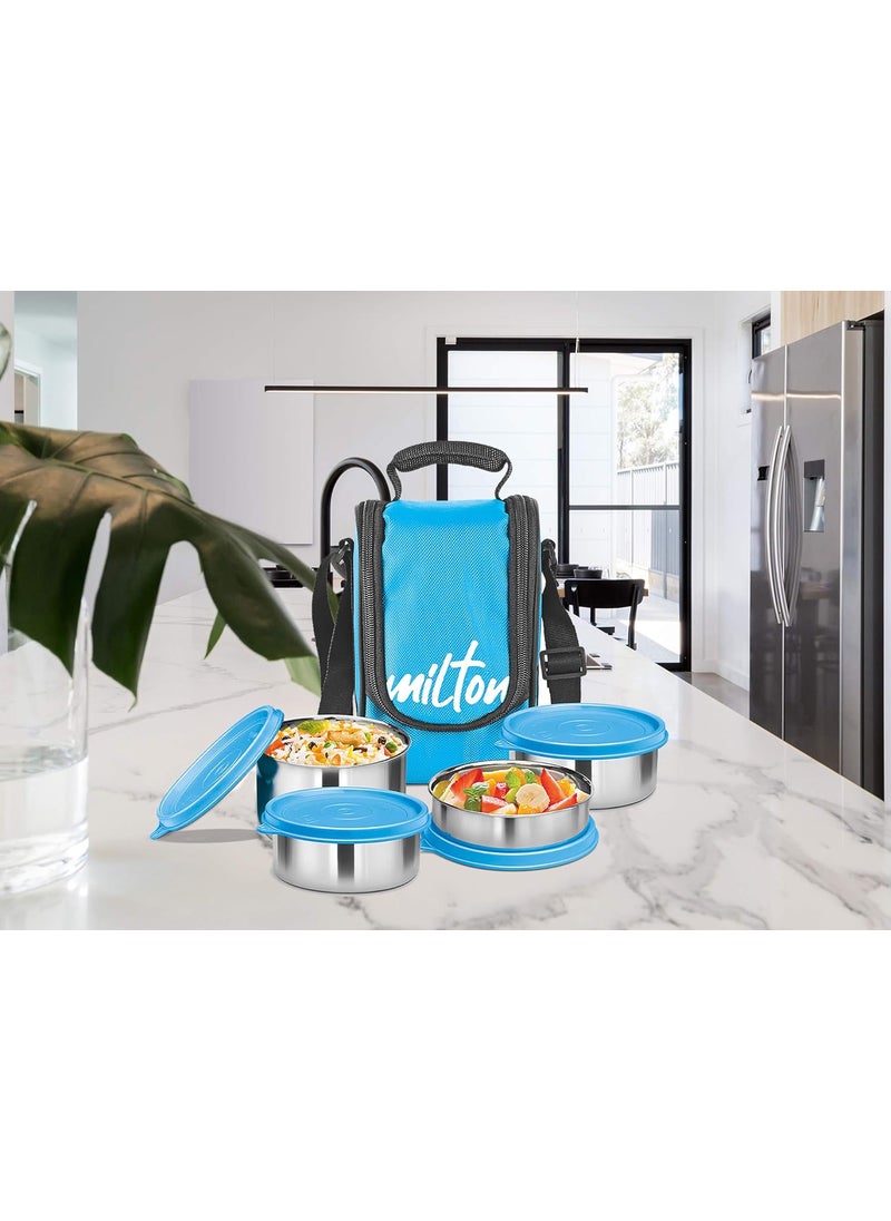 MILTON Tasty 4 Lunch Box with Insulated Fabric Jacket, 4 Stainless Steel Containers (200 ml, 320 X 2 ml, 500 ml), Leak-Proof Tiffin for Office, College, Picnic, Cyan