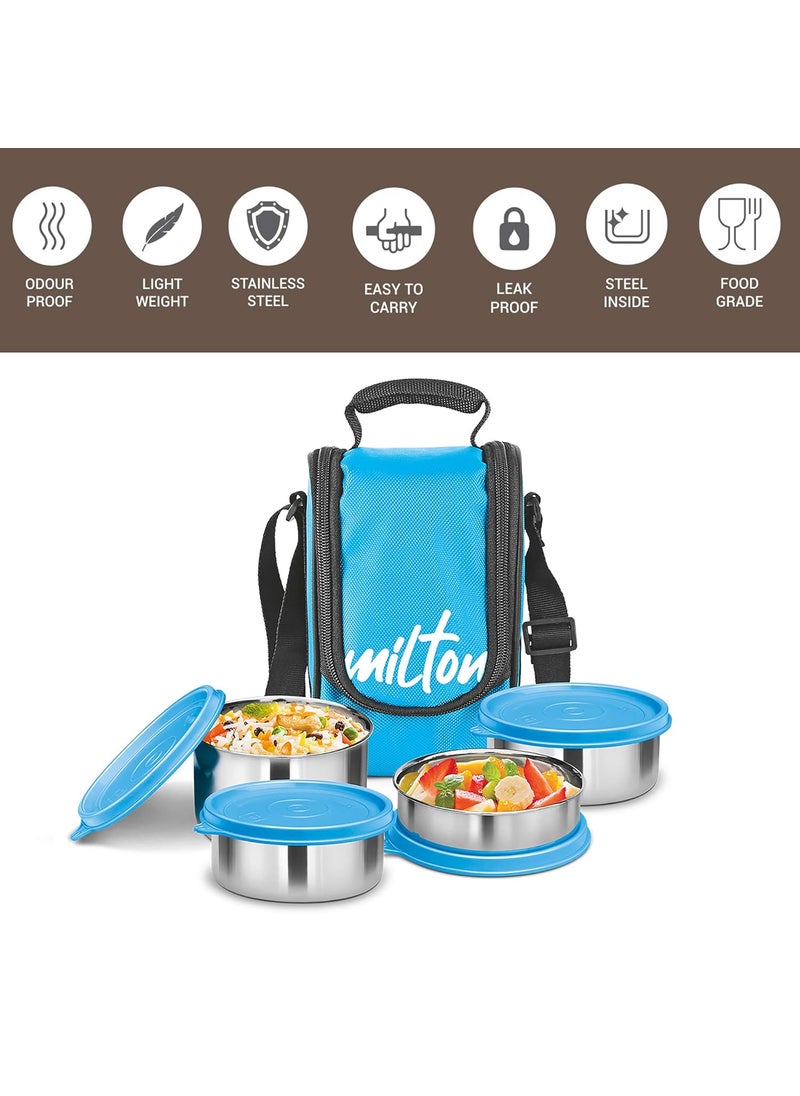 MILTON Tasty 4 Lunch Box with Insulated Fabric Jacket, 4 Stainless Steel Containers (200 ml, 320 X 2 ml, 500 ml), Leak-Proof Tiffin for Office, College, Picnic, Cyan