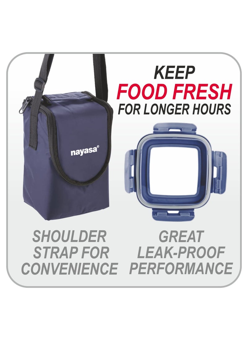 Nayasa stainless steel Eco Crunch 3 Lunch Box with 3 Containers of 300 ml Each, Ziper Pouch, Airtight & Leak Proof Lid, 4 Side Lock, Ideal for School/College/Office, Full Meal & Easy to Carry, Blue