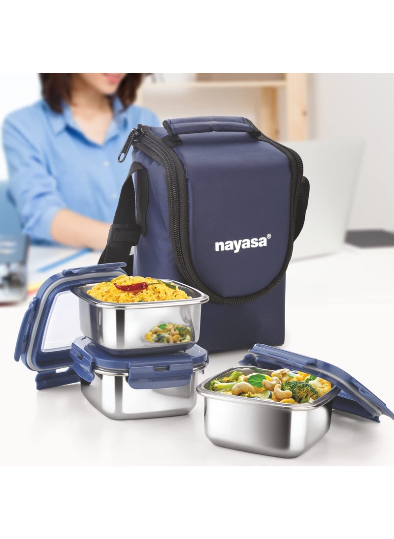 Nayasa stainless steel Eco Crunch 3 Lunch Box with 3 Containers of 300 ml Each, Ziper Pouch, Airtight & Leak Proof Lid, 4 Side Lock, Ideal for School/College/Office, Full Meal & Easy to Carry, Blue
