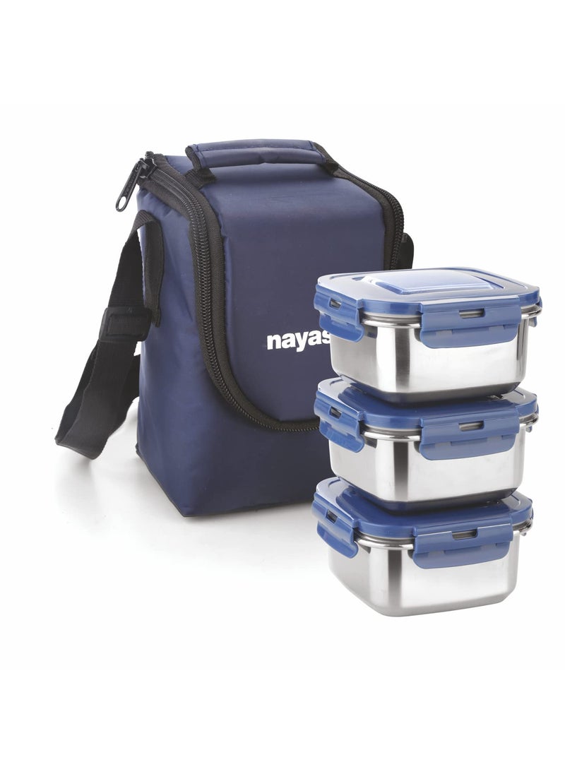 Nayasa stainless steel Eco Crunch 3 Lunch Box with 3 Containers of 300 ml Each, Ziper Pouch, Airtight & Leak Proof Lid, 4 Side Lock, Ideal for School/College/Office, Full Meal & Easy to Carry, Blue