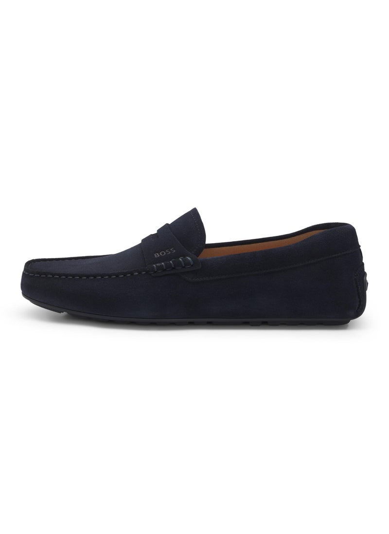 Portuguese-crafted moccasin loafers in suede with penny trim