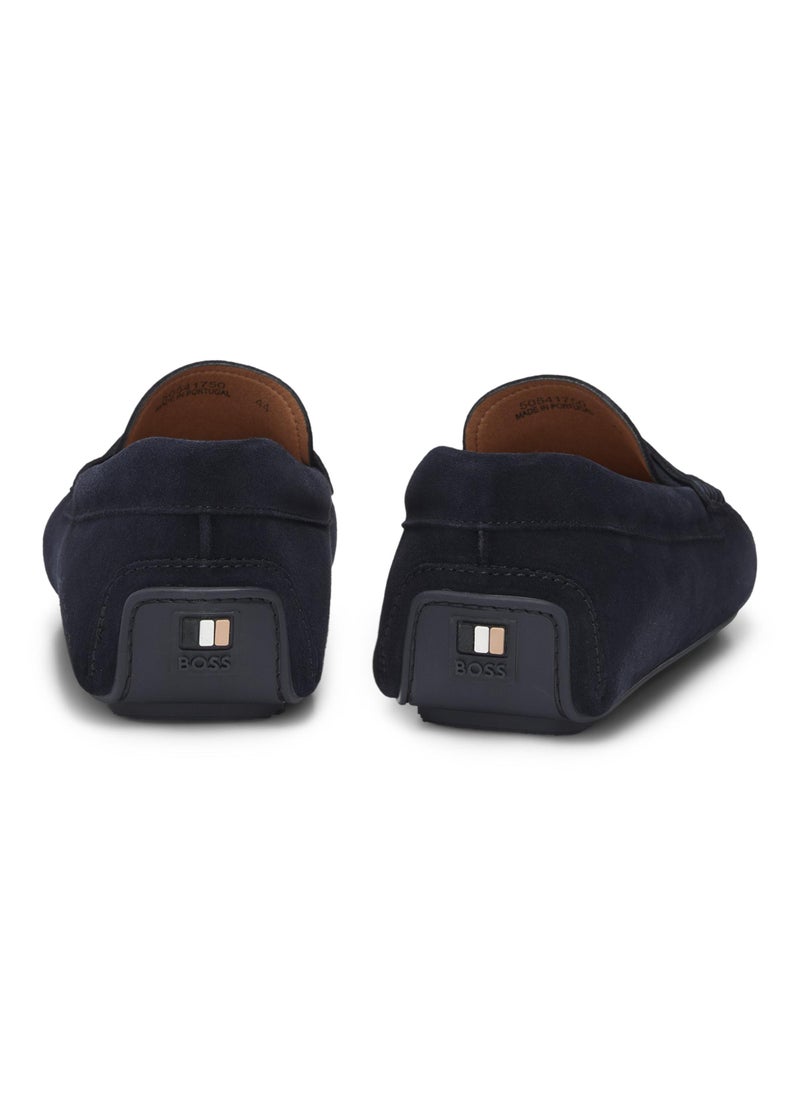 Portuguese-crafted moccasin loafers in suede with penny trim