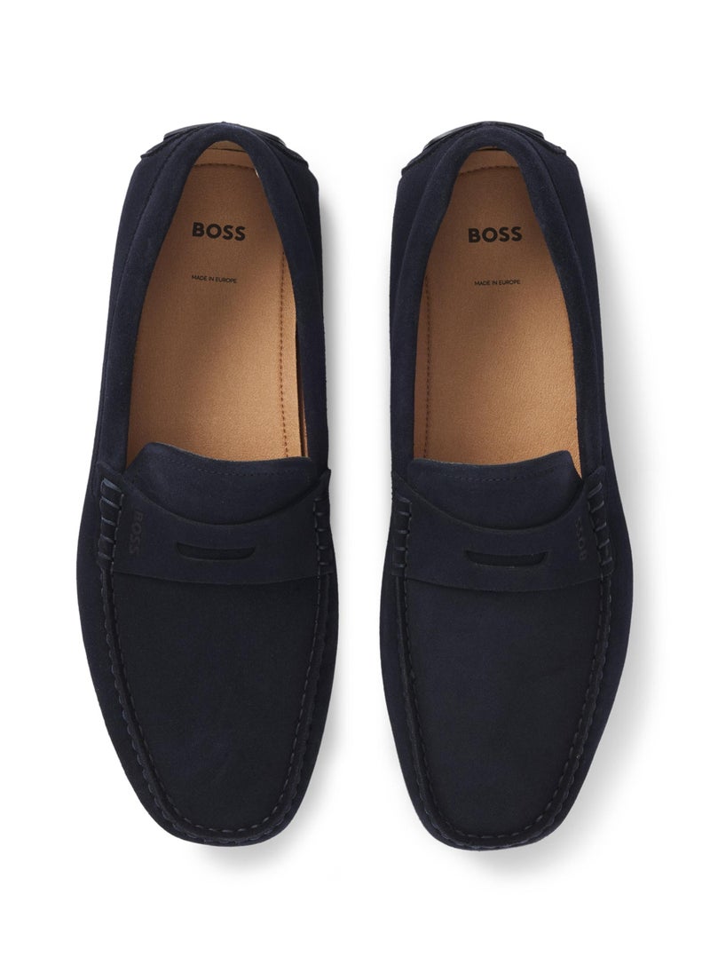 Portuguese-crafted moccasin loafers in suede with penny trim