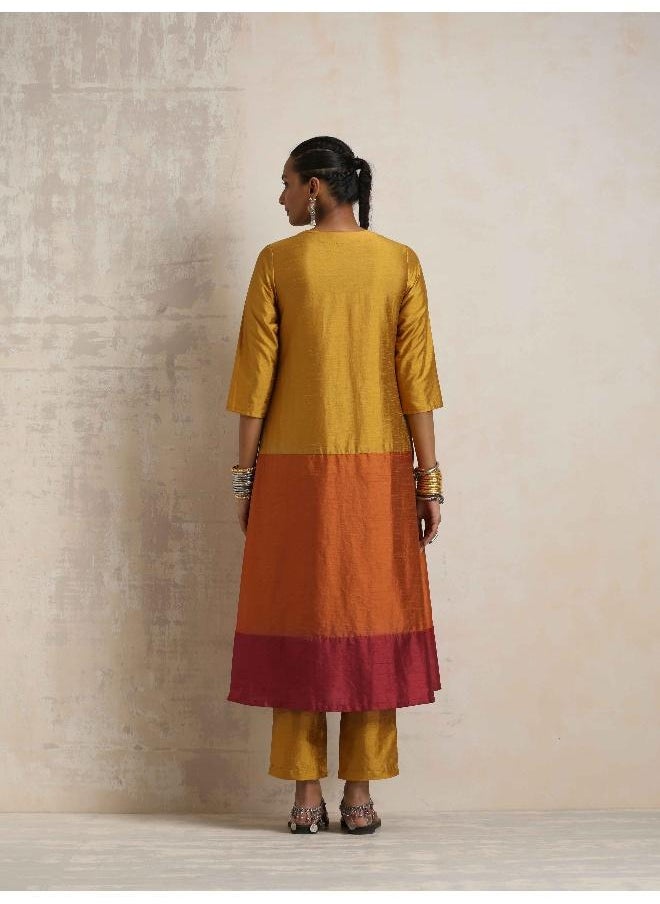 Gold Orange Silk A-line Kurta Set