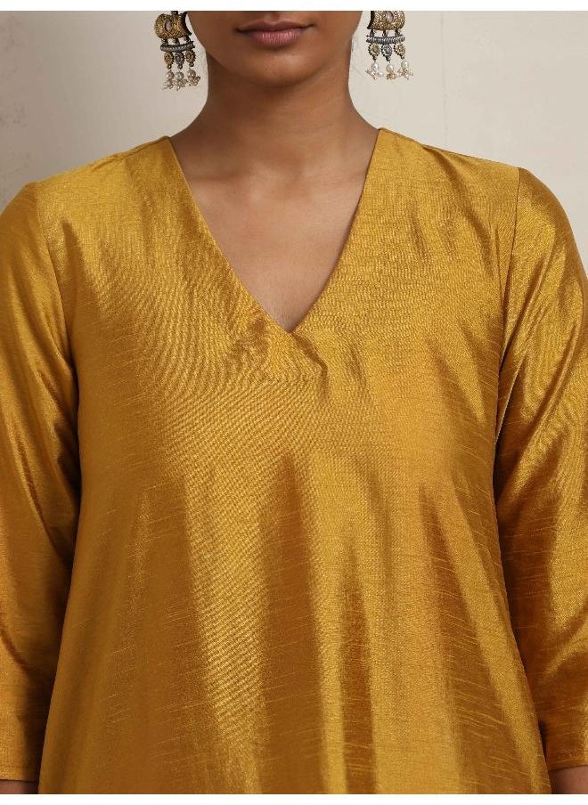 Gold Orange Silk A-line Kurta Set