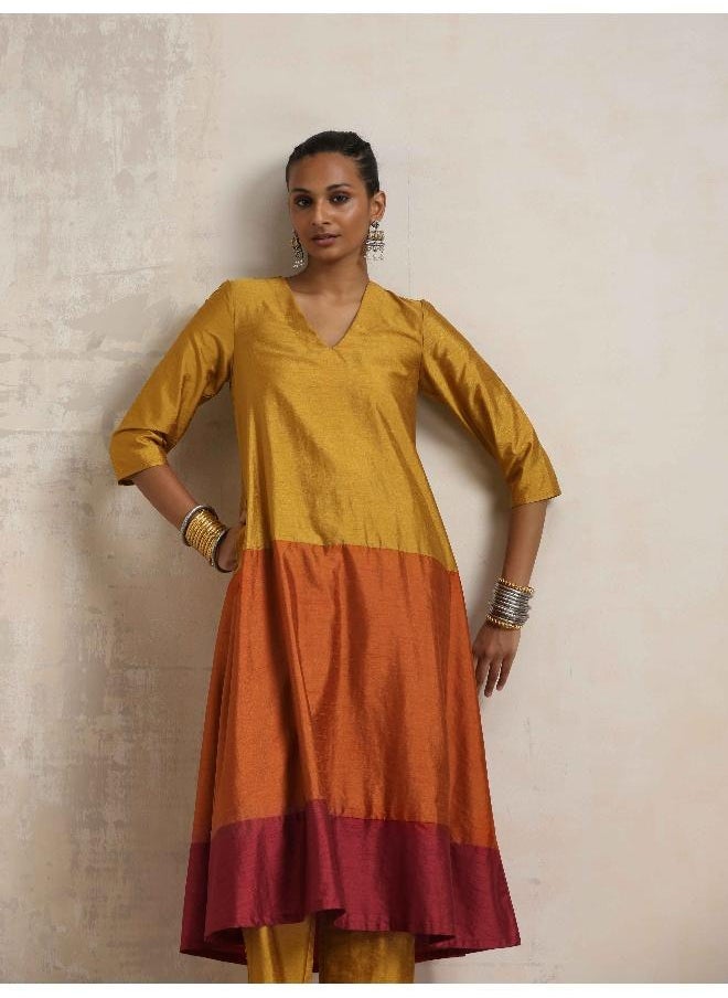 Gold Orange Silk A-line Kurta Set