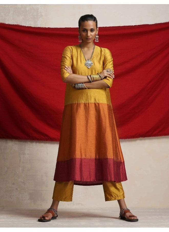 Gold Orange Silk A-line Kurta Set