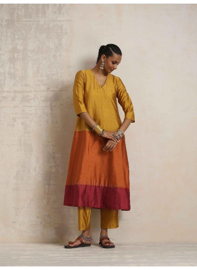 Gold Orange Silk A-line Kurta Set