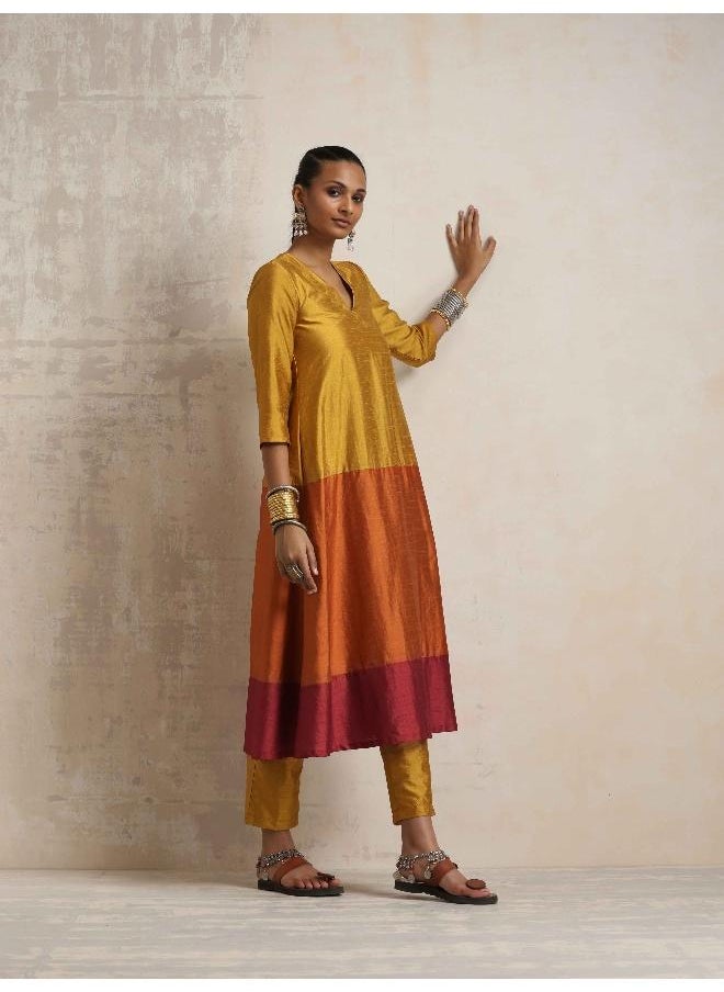 Gold Orange Silk A-line Kurta Set