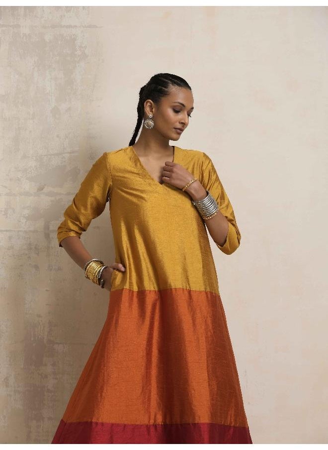 Gold Orange Silk A-line Kurta Set