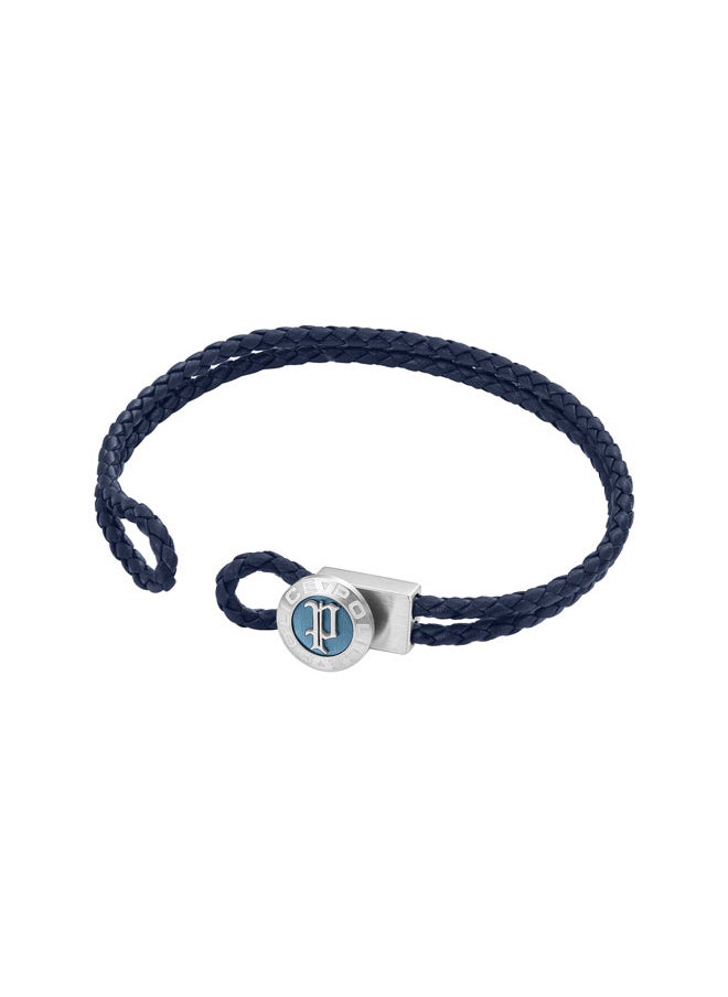 POLICE Infiniti Bracelet - Gothic Black Double Tour Blue Leather with Antique Disc & Iconic P Emblem - Men's Bold Statement Style