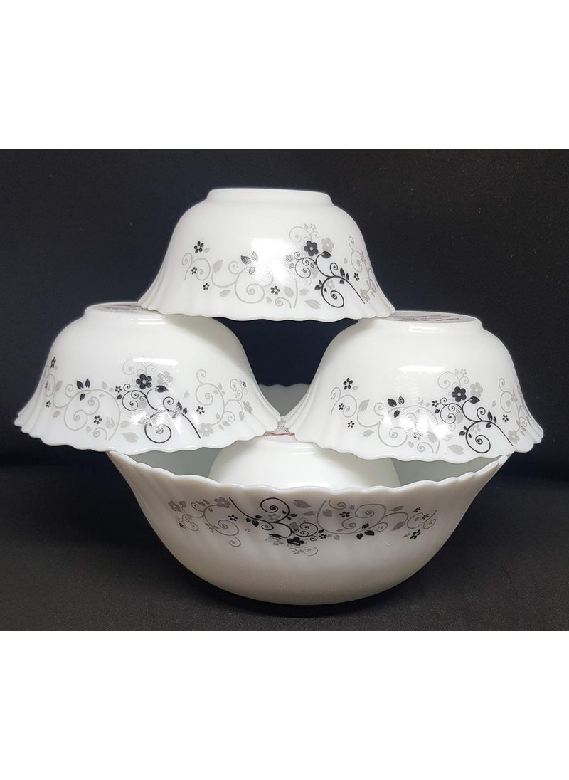 Diva From La Opala Laopala Diva Mystrio Black Desert Set (White),5 Pcs, Opal Glass,Floral Serving Bowl Veg Bowl