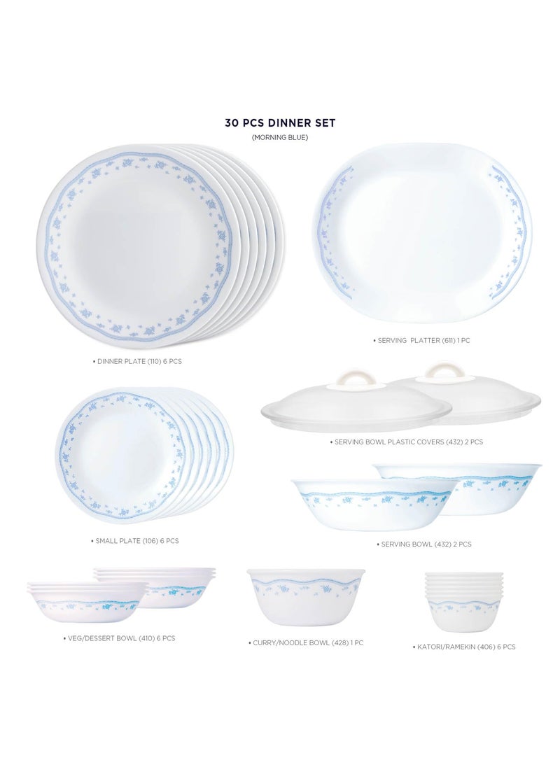 Corelle Morning Blue Glass 30Pcs Dinner Set, Multicolor