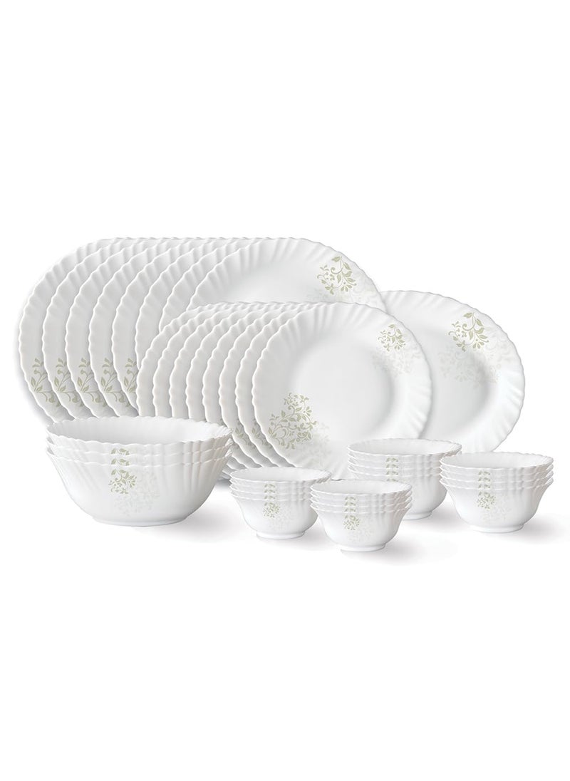 Larah by Borosil Ingot Fluted Series Opalware Dinner Set | 36 Pieces for Family of 8 | Microwave & Dishwasher Safe | Bone-Ash Free | Crockery Set for Dining & Gifting | Plates & Bowls | White
