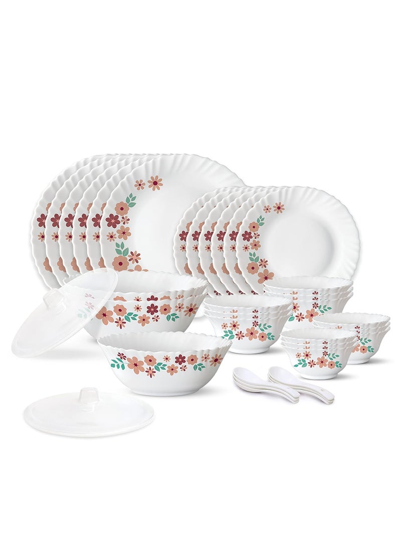 Larah by Borosil Ayana Silk Series Opalware Dinner Set | 35 Pieces for Family of 6 | Microwave & Dishwasher Safe | Bone-Ash Free | Crockery Set for Dining & Gifting | Plates & Bowls | White
