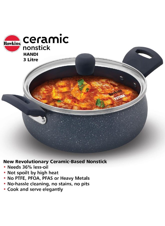 3 Liters, Ceramic Non Stick Handi With Glass Lid, Induction Compatible, Grey