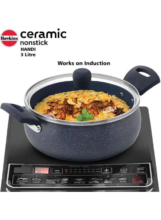 3 Liters, Ceramic Non Stick Handi With Glass Lid, Induction Compatible, Grey