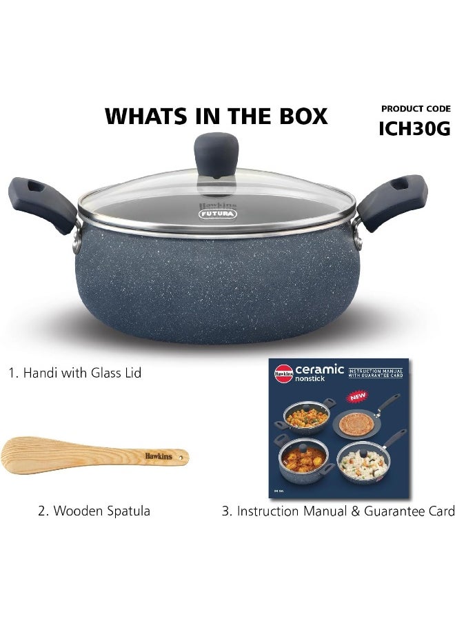 3 Liters, Ceramic Non Stick Handi With Glass Lid, Induction Compatible, Grey
