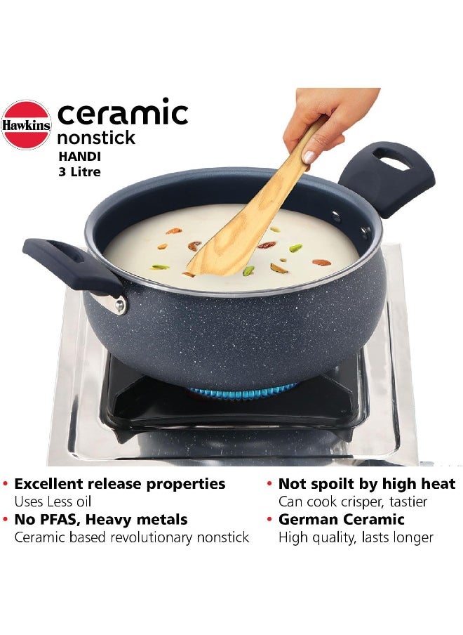 3 Liters, Ceramic Non Stick Handi With Glass Lid, Induction Compatible, Grey
