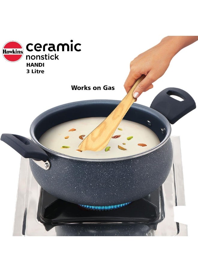 3 Liters, Ceramic Non Stick Handi With Glass Lid, Induction Compatible, Grey