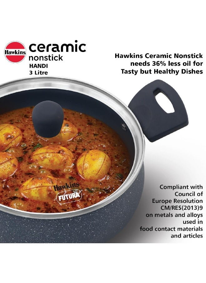 3 Liters, Ceramic Non Stick Handi With Glass Lid, Induction Compatible, Grey