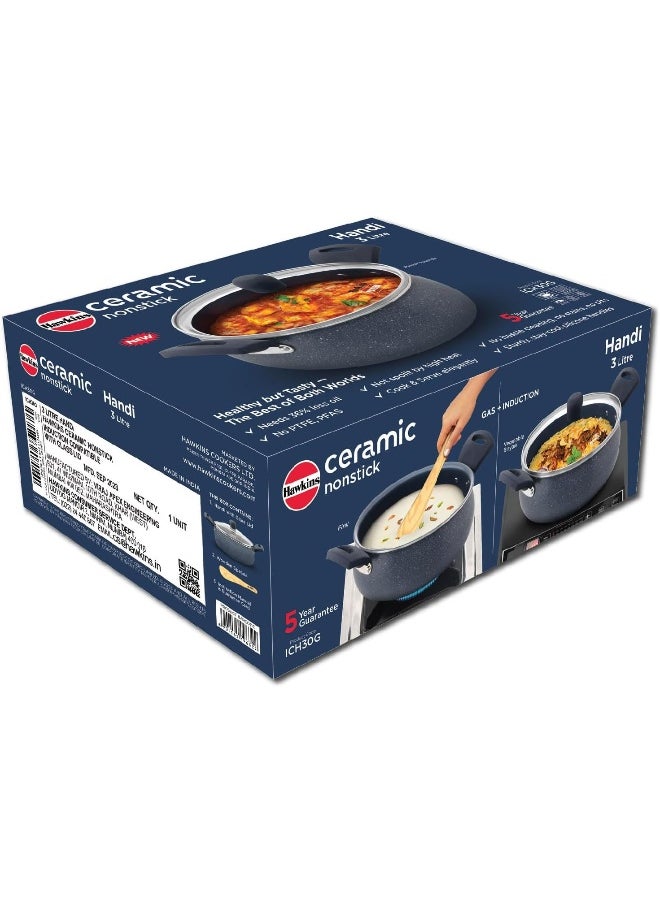 3 Liters, Ceramic Non Stick Handi With Glass Lid, Induction Compatible, Grey