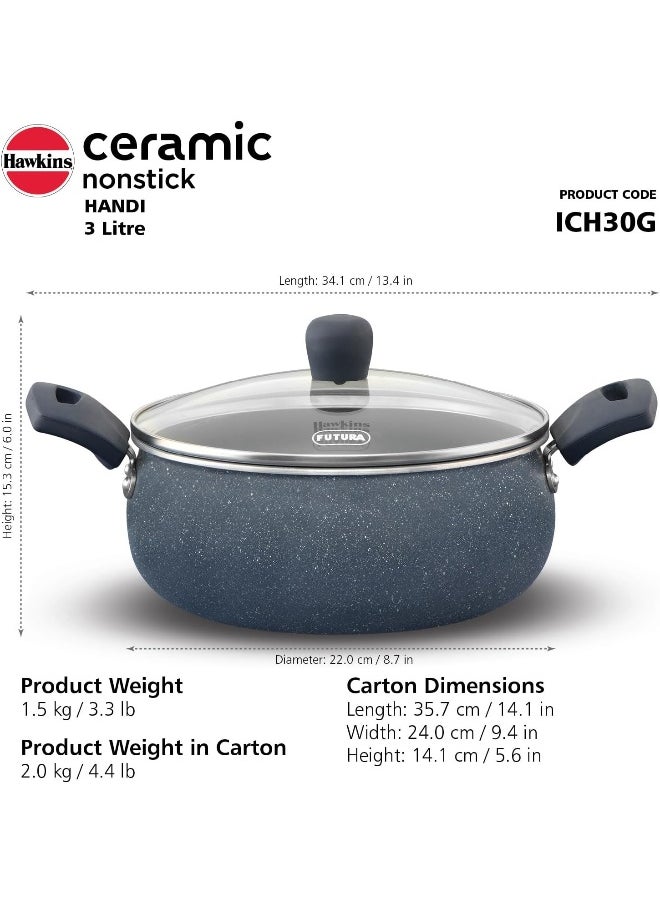 3 Liters, Ceramic Non Stick Handi With Glass Lid, Induction Compatible, Grey