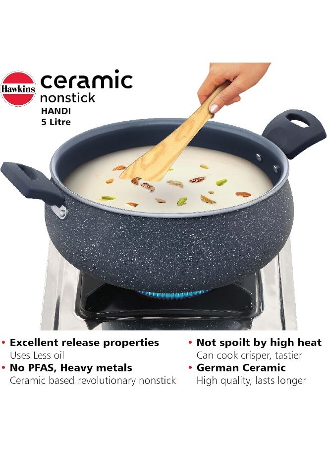 5 Liters Ceramic Non Stick Handi With Glass Lid,Induction Compatible ,Grey