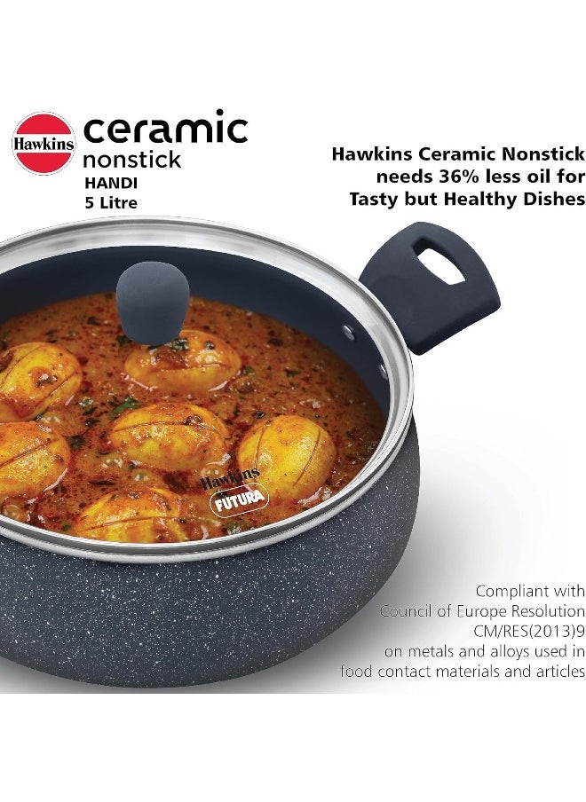 5 Liters Ceramic Non Stick Handi With Glass Lid,Induction Compatible ,Grey