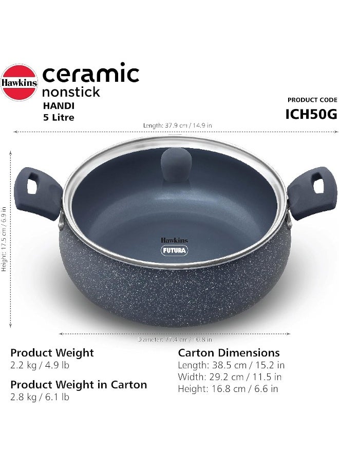 5 Liters Ceramic Non Stick Handi With Glass Lid,Induction Compatible ,Grey