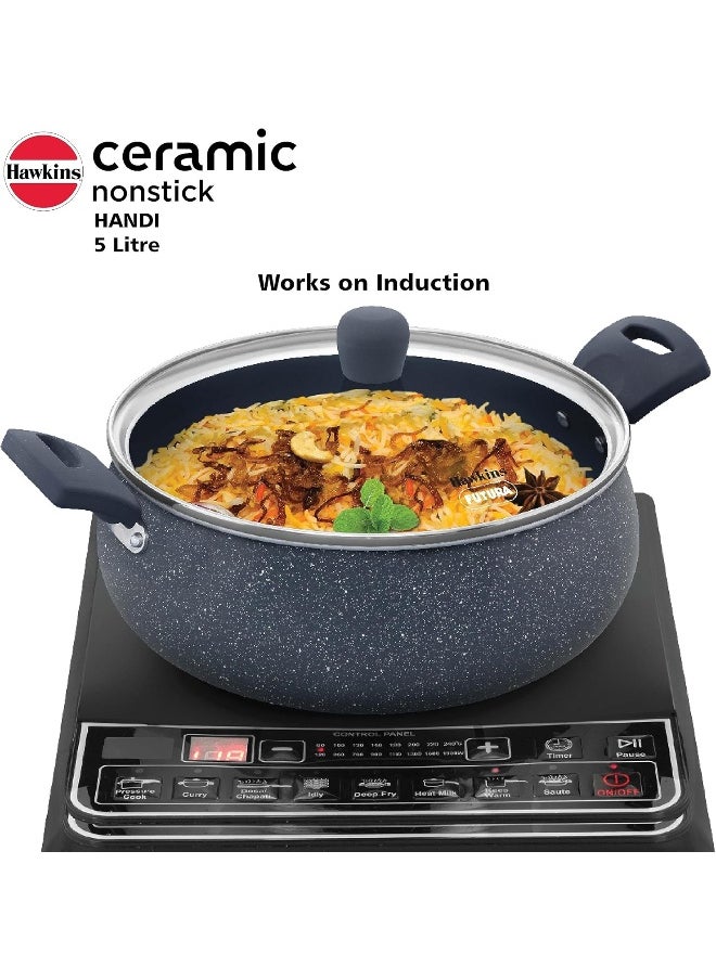 5 Liters Ceramic Non Stick Handi With Glass Lid,Induction Compatible ,Grey