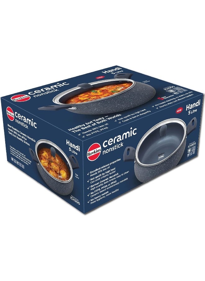 5 Liters Ceramic Non Stick Handi With Glass Lid,Induction Compatible ,Grey