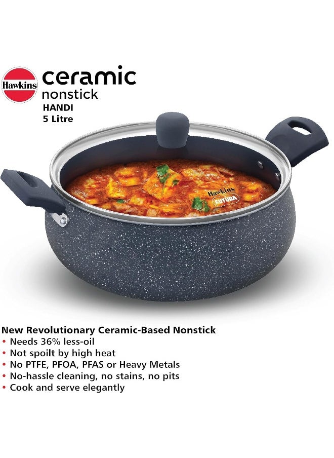 5 Liters Ceramic Non Stick Handi With Glass Lid,Induction Compatible ,Grey