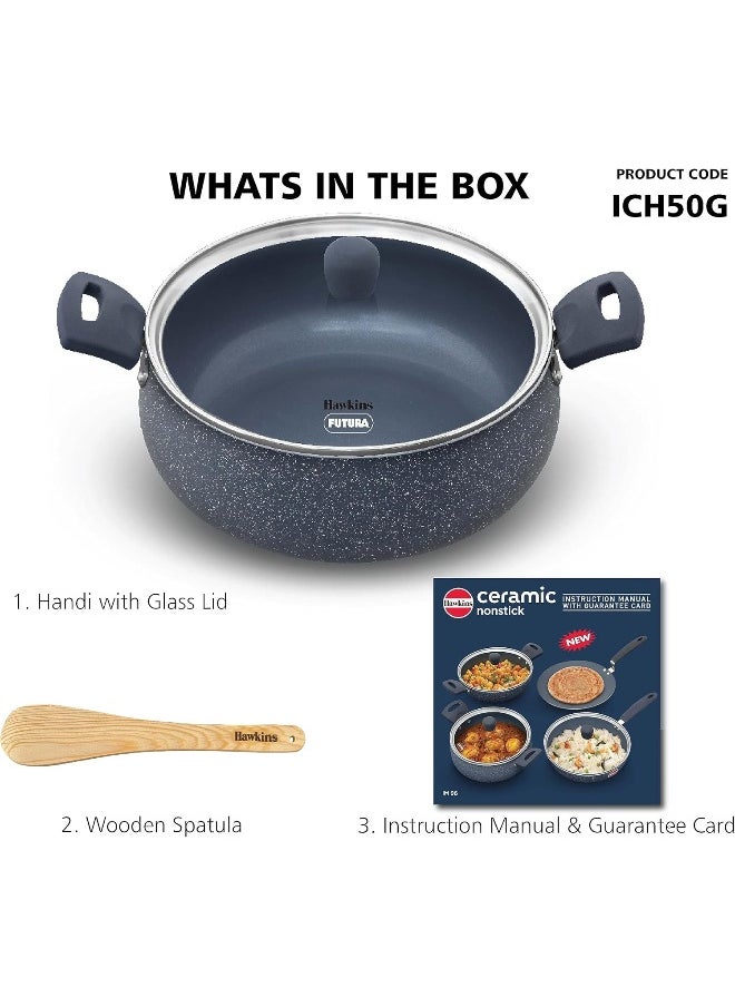 5 Liters Ceramic Non Stick Handi With Glass Lid,Induction Compatible ,Grey