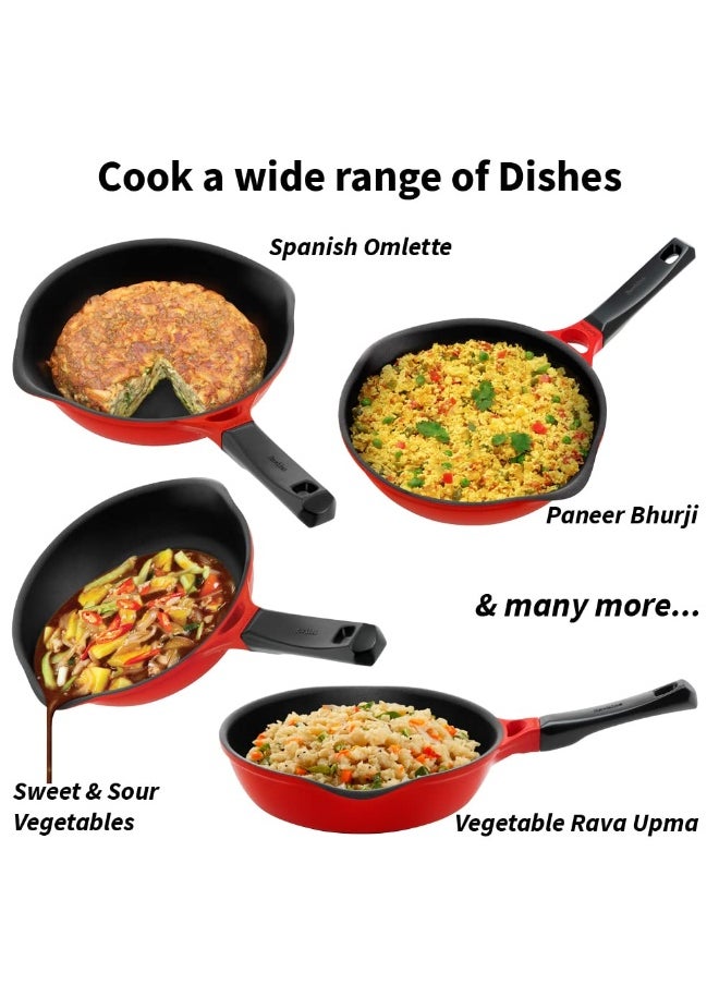 24 Cm Ceramic Coated Die Cast Non Stick Fry Pan With Glass Lid,Induction Compatible,Red