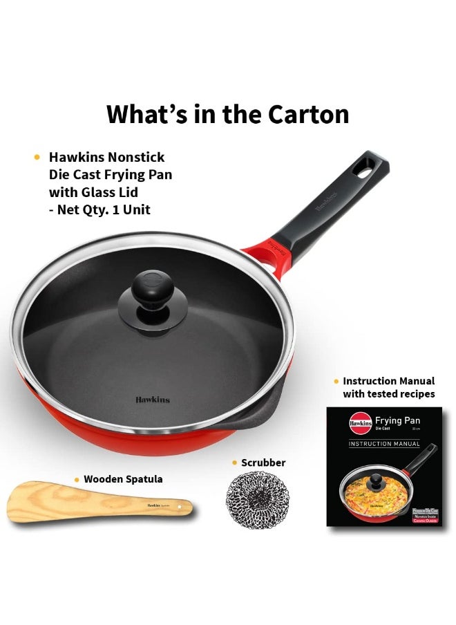 24 Cm Ceramic Coated Die Cast Non Stick Fry Pan With Glass Lid,Induction Compatible,Red